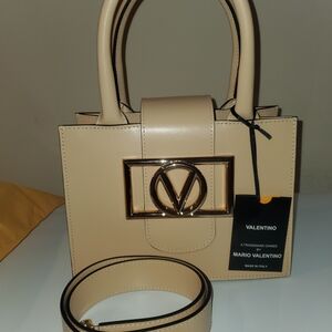 Valentino Cream Leather Top-Handle Satchel with Gold V Emblem